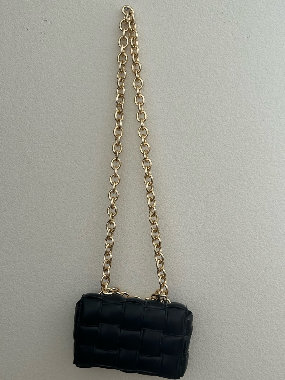 Black Woven Leather Crossbody Bag with Gold Chain